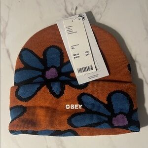 Obey Orange Beanie with Blue Flowers